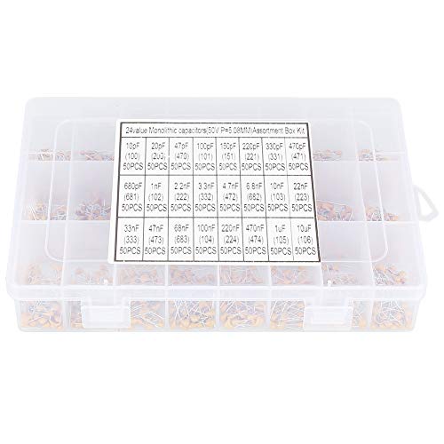 Yosoo Ceramic Capacitor Assortment Kit - Set of1200 24 Values 50V 10pF-10uF Small Assorted Capacitors Monolithic Capacitor Set