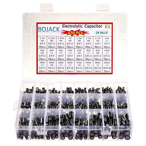 BOJACK 24Value 630pcs Aluminum Electrolytic Capacitor Assortment Box Kit Range 0.1uF－1000uF