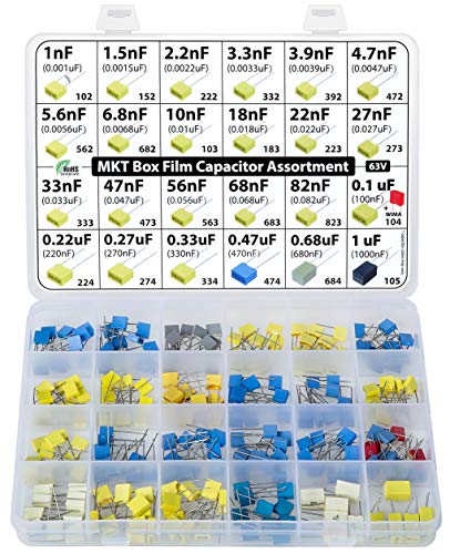 Metallized Polyester MKT PET Film Box Capacitor Assortment Kit, 235 pcs, 24 Values, 63V, 1nF to 1uF