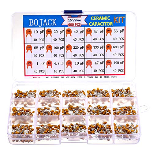 BOJACK 15 Type Values 600Pcs Ceramic Capacitor Assortment Kit Capacitors from 10pf to 100nF in a Box