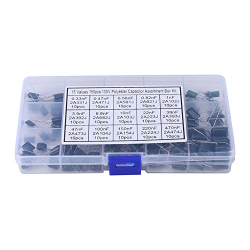 Film Capacitors Kit 150pcs, 100V Capacitors 15 Value 0.33nF-470nF Polyester Film Capacitor Assortment Kit with Storage Box