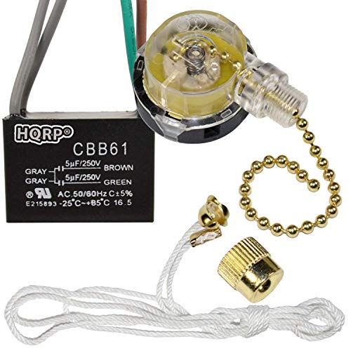 HQRP Kit Ceiling Fan Capacitor CBB61 5uf+5uf 4-Wire UL-Listed and 3-Speed Fan Switch
