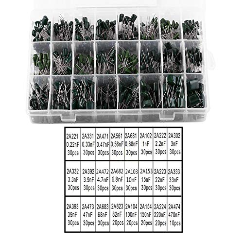 24 Values 660Pcs 100V Capacitor Assortment Kit with Storage Box,0.22nF-470nF Polyester Film Paper Capacitor Capacitors Set